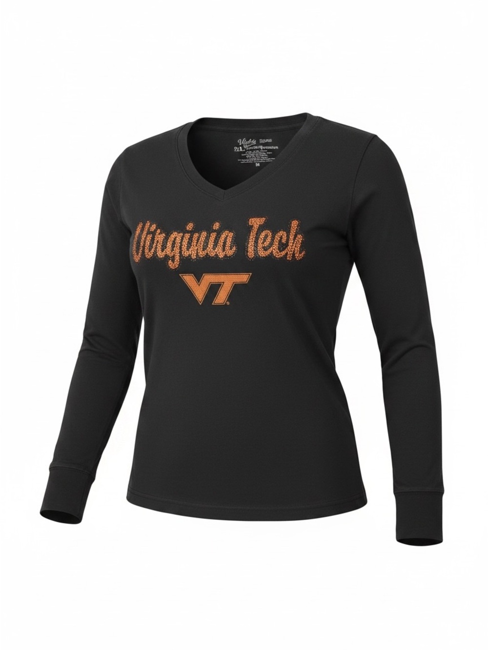 Virginia Tech Women's Black Long-Sleeve V-Neck Tee with Orange Script